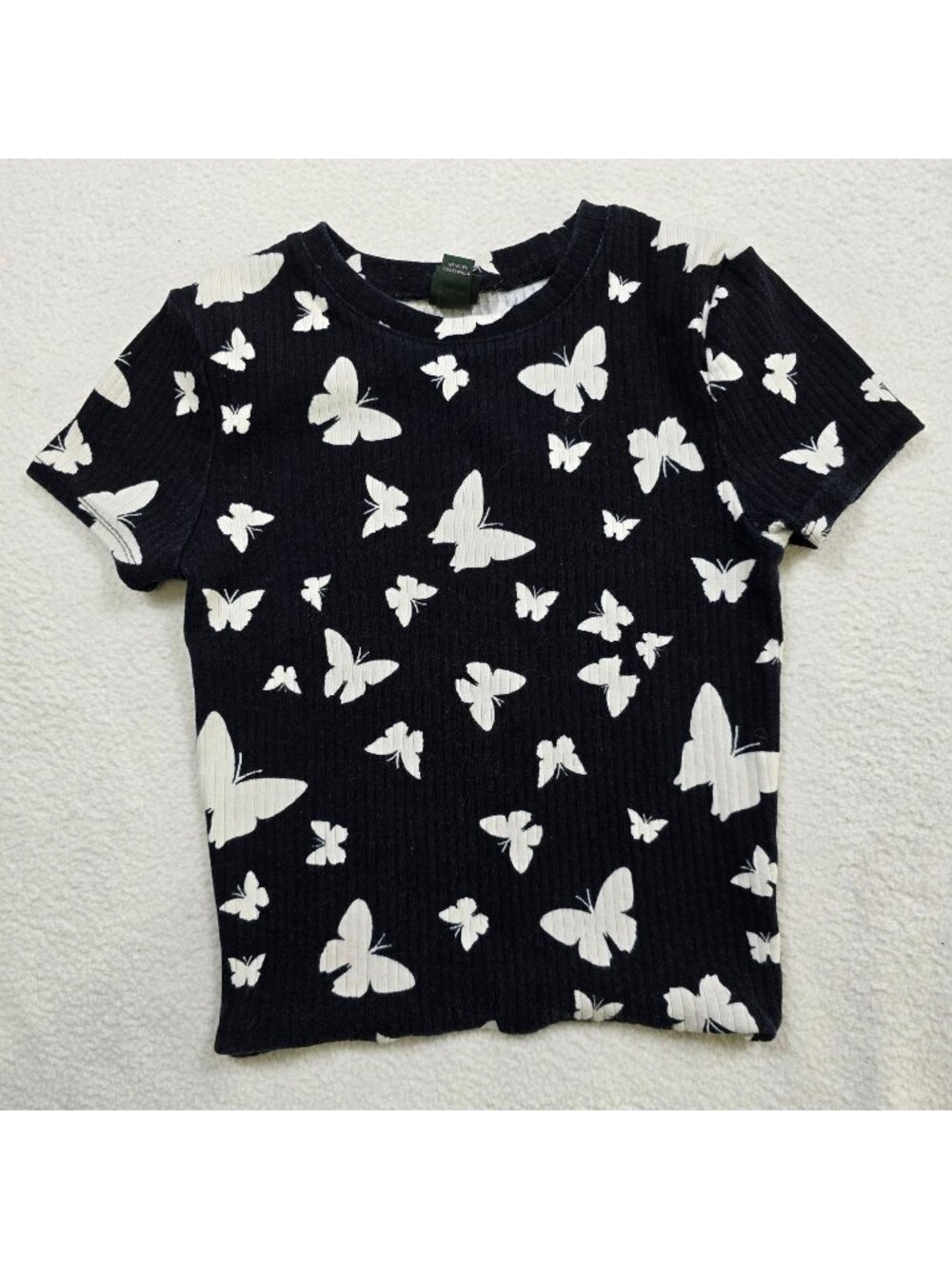 Wild Fable XS T-Shirt Black & White Butterfly Print Y2K Short Sleeve Ribbed Top